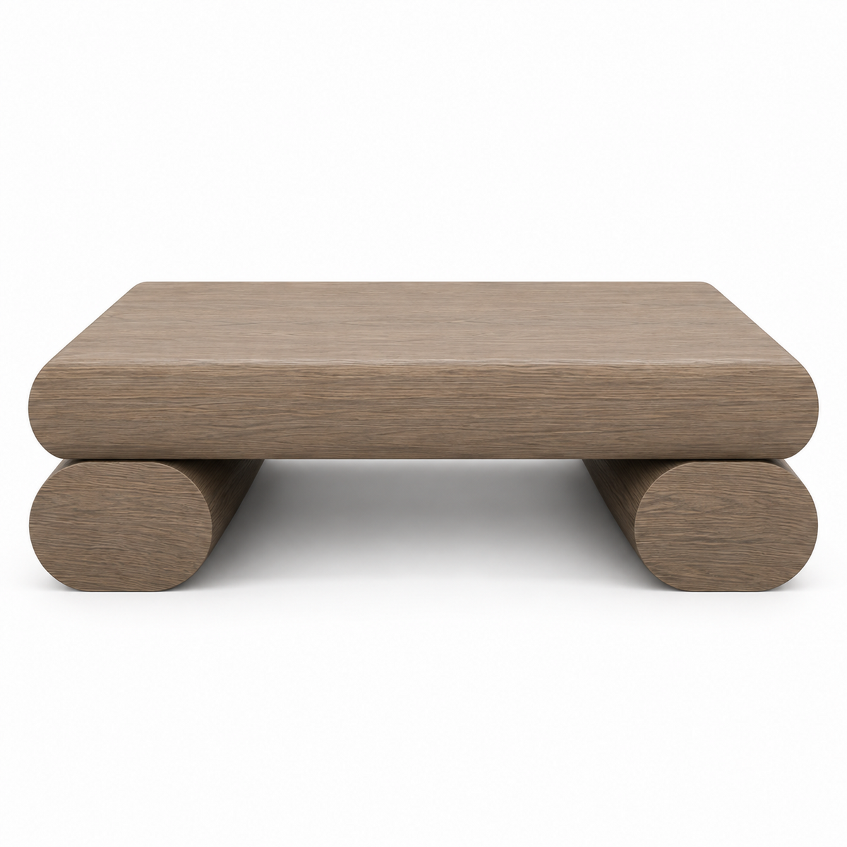 Rulo coffee table front view showing the rounded slab stacked above the cylindrical bar in taupe-greige
