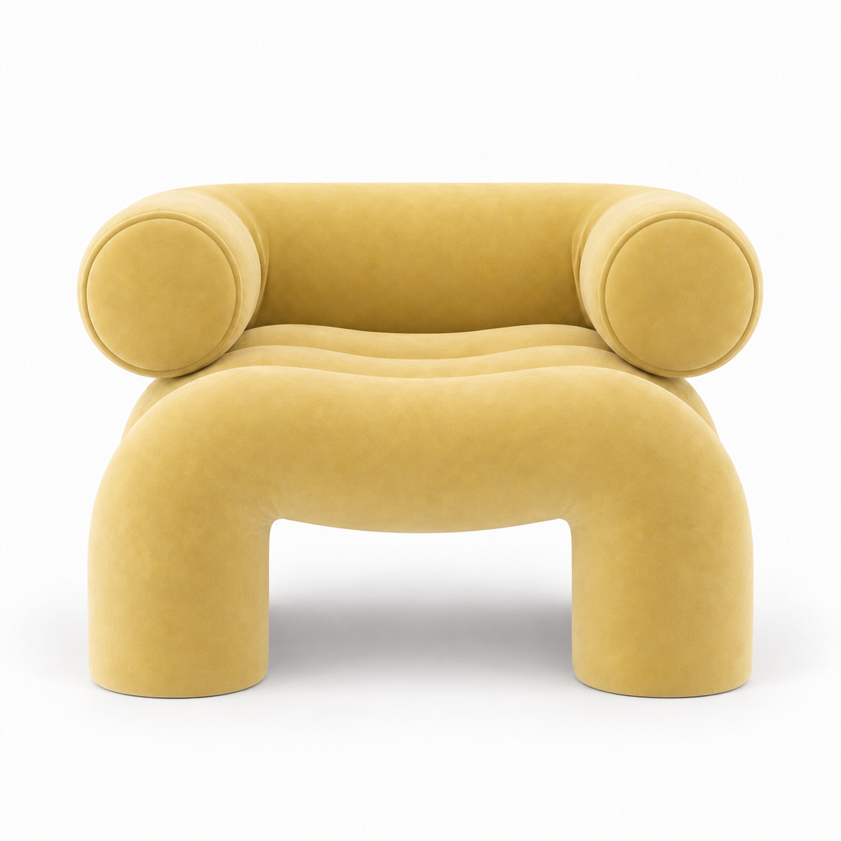 Cira armchair front view showing round bolster arms and arched leg gap in butter yellow velvet