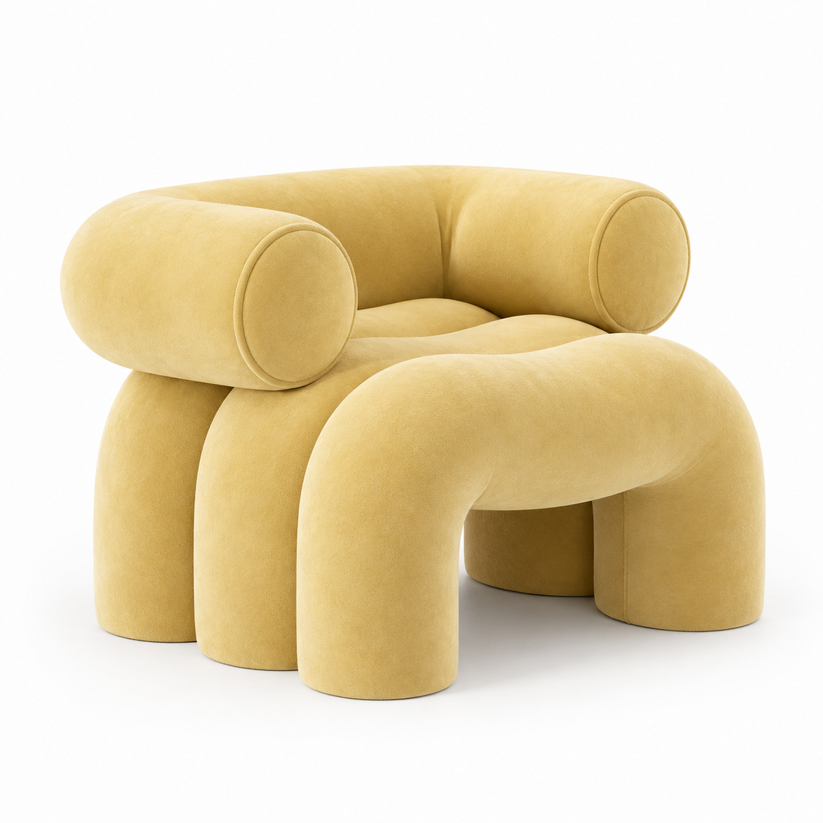 Cira sculptural velvet armchair with round bolster arms and arched legs in butter yellow, three-quarter view
