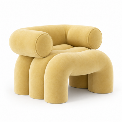 Cira sculptural velvet armchair with round bolster arms and arched legs in butter yellow, three-quarter view
