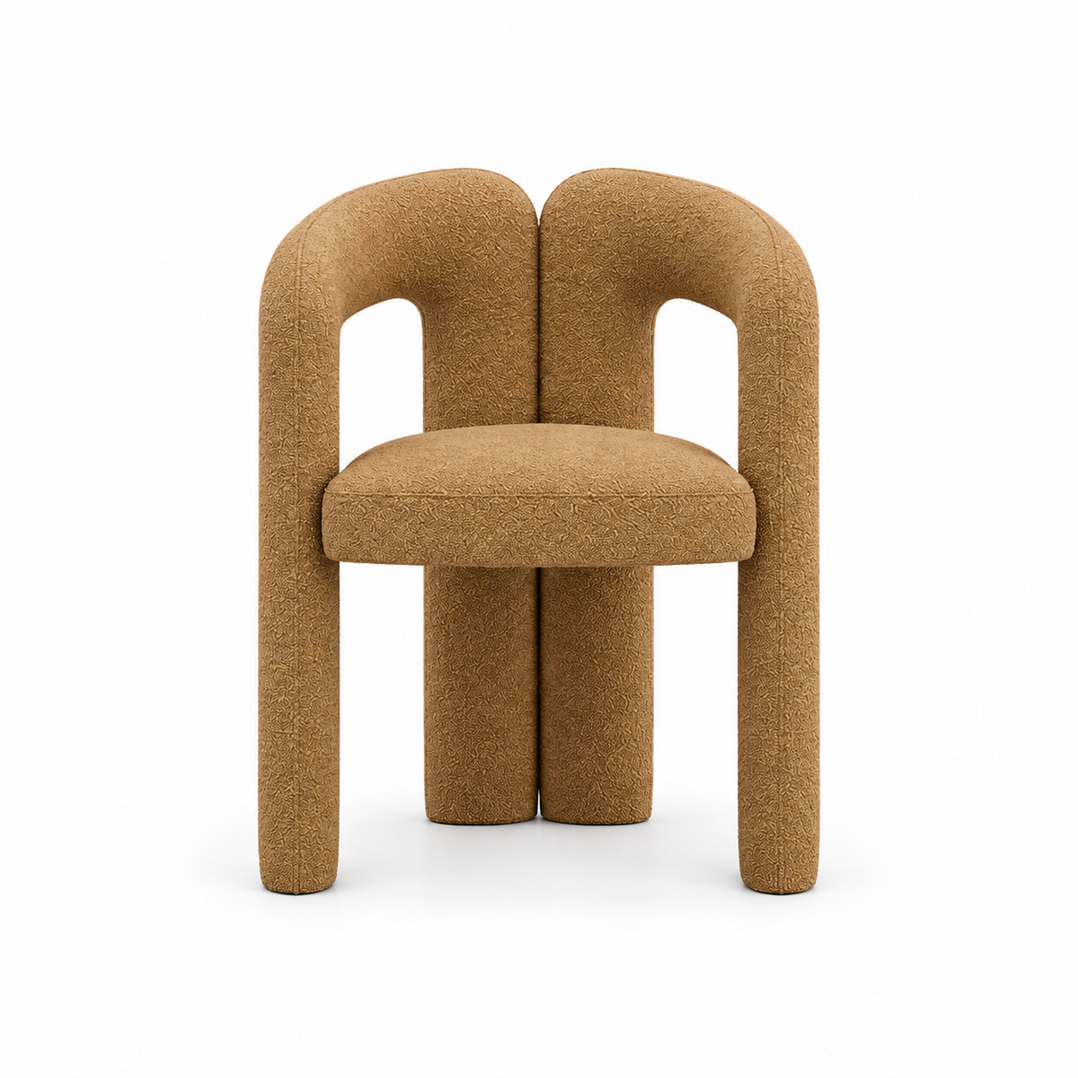 Dovo dining chair front view showing the two open side loops and rounded seat in camel boucle
