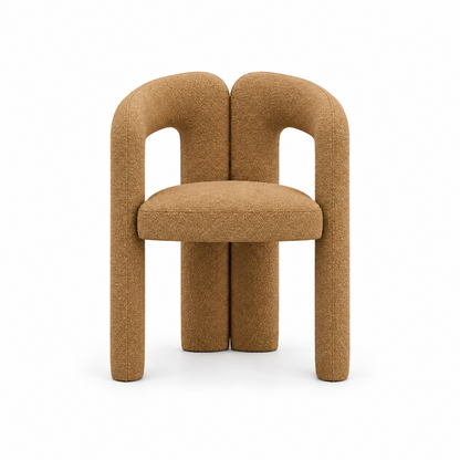 Dovo dining chair front view showing the two open side loops and rounded seat in camel boucle
