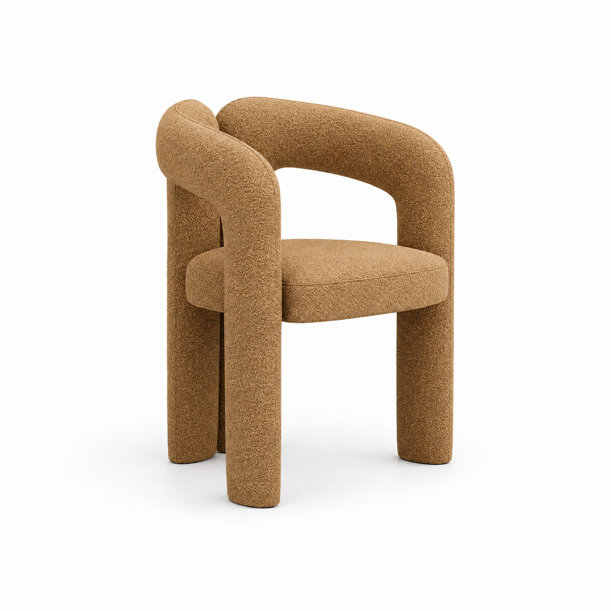 Dovo dining chair in camel boucle with an open arching backrest, three-quarter view
