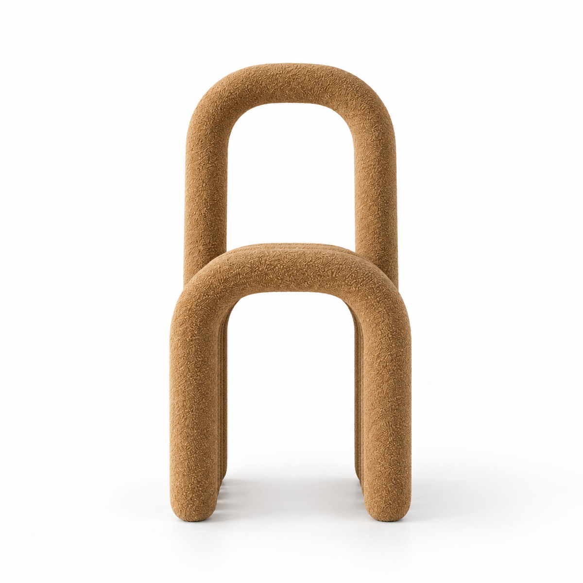 Arca chair front view showing repeating arch seat and tall back loop in caramel boucle
