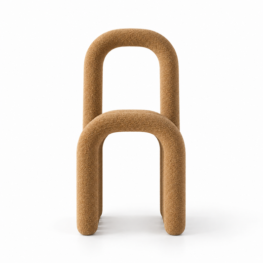 Arca chair front view showing repeating arch seat and tall back loop in caramel boucle
