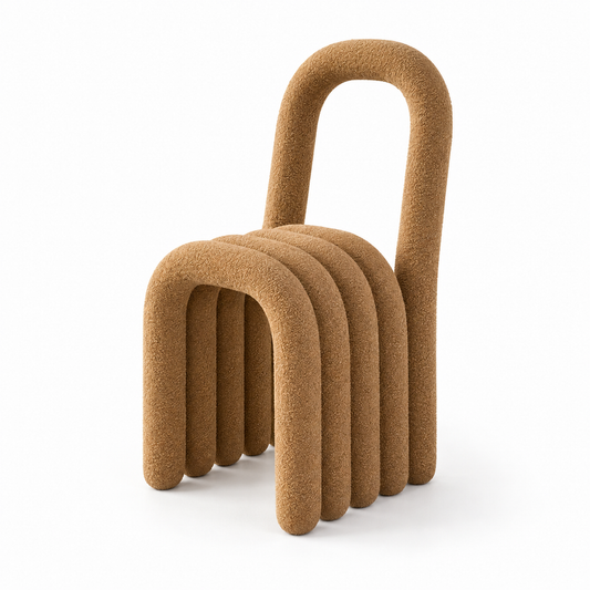 Arca sculptural arch chair with stacked tube arches and tall looped back in caramel boucle, three-quarter view