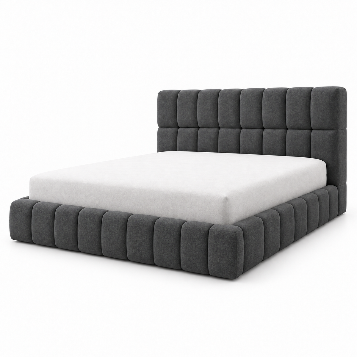 Charcoal grey Kavo bed frame front view showing the square-grid headboard and horizontal channel footboard rail

