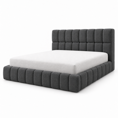 Charcoal grey Kavo bed frame front view showing the square-grid headboard and horizontal channel footboard rail
