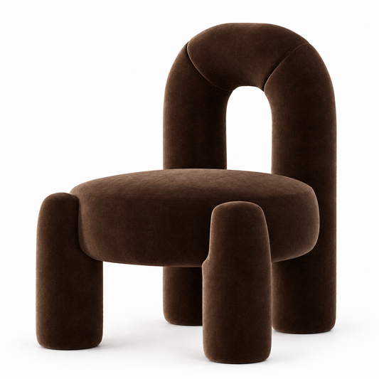 Otto sculptural accent chair with round seat, tall arched back and three chunky legs in chocolate velvet, three-quarter view
