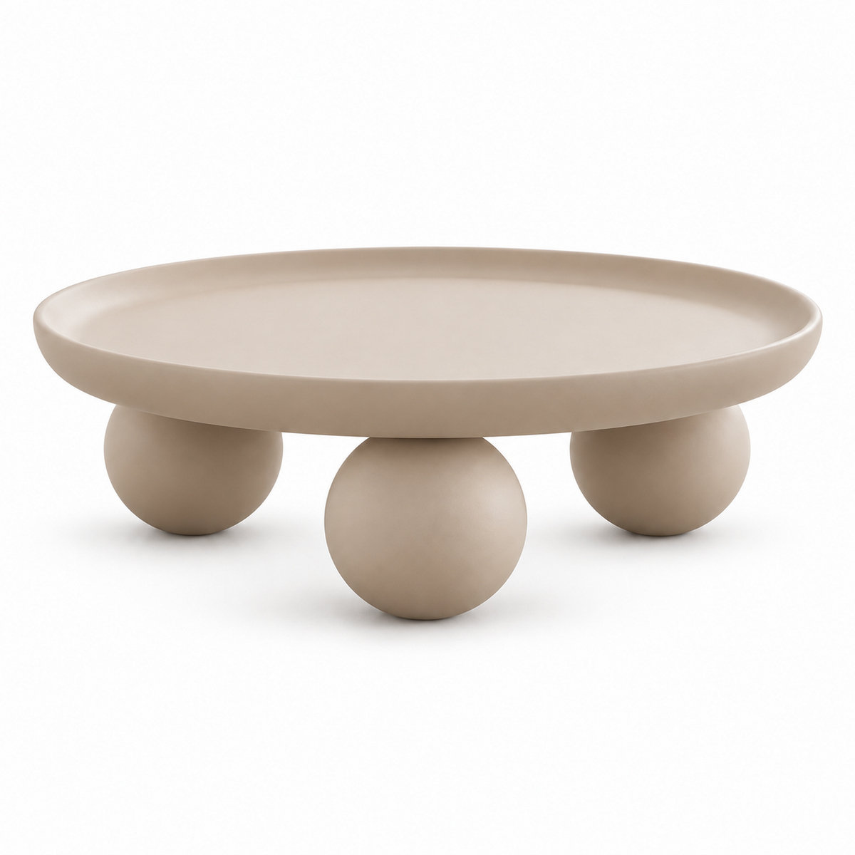 Bolo coffee table front view showing the tray profile and three spherical ball feet
