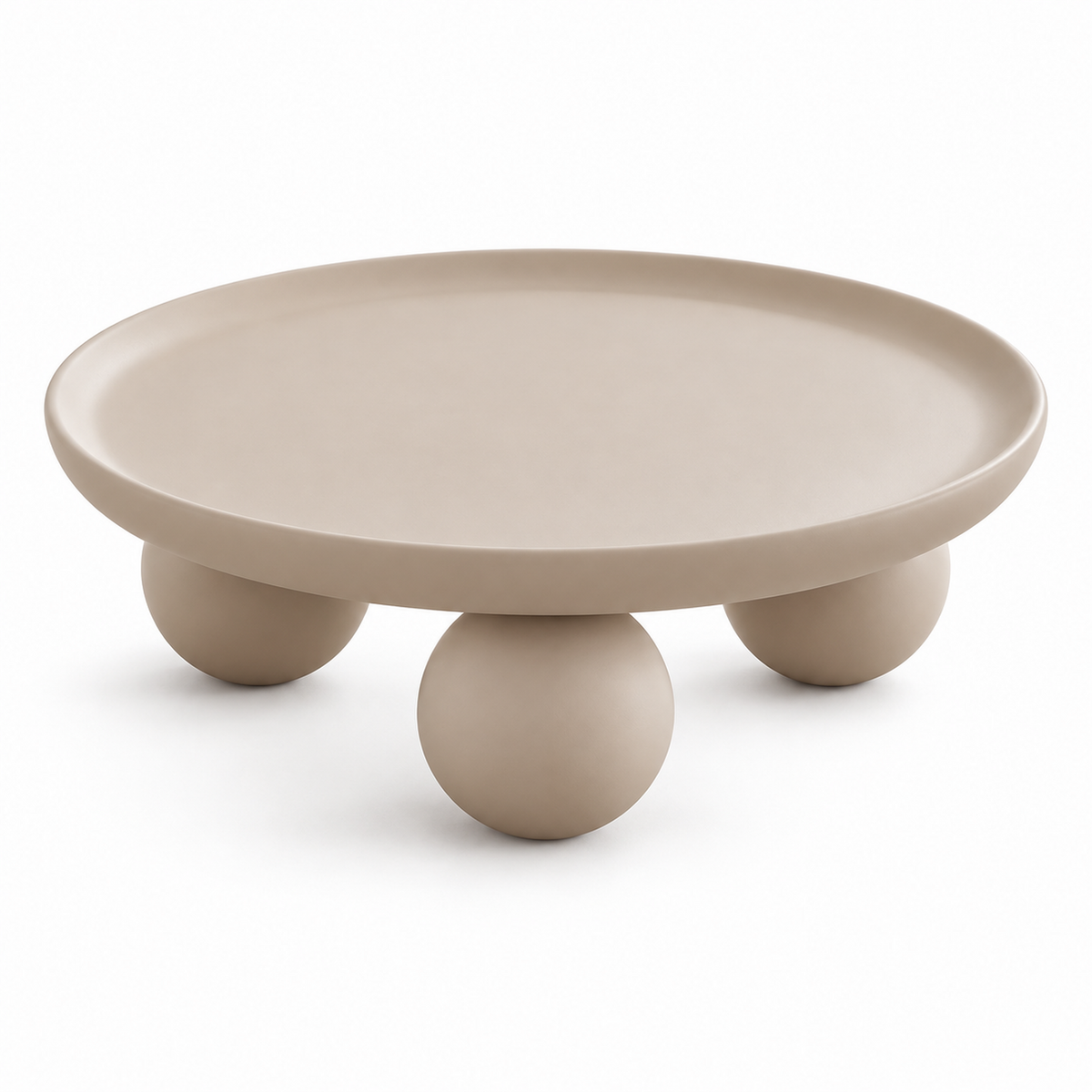 Bolo coffee table in soft clay-beige with a round tray top on three spherical feet, three-quarter view