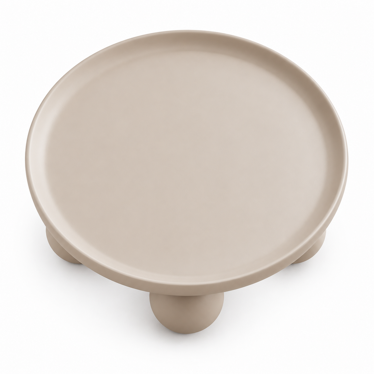 Bolo coffee table top showing the round tray shape and raised rim in clay-beige
