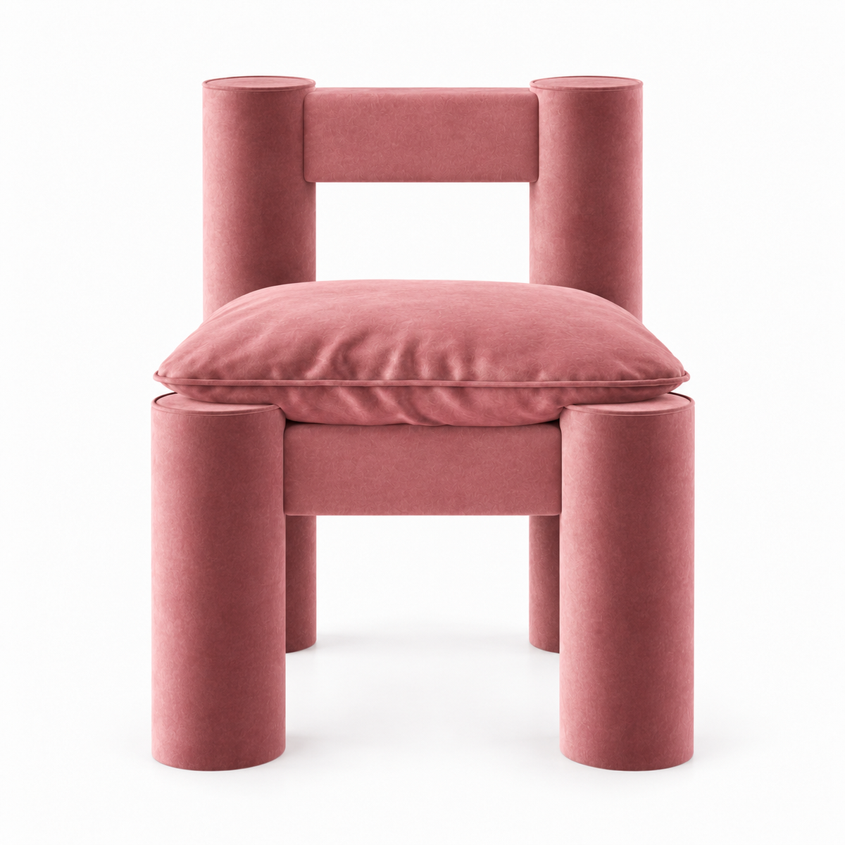 Milo accent chair front view showing chunky cylinder legs and open back in blush velvet
