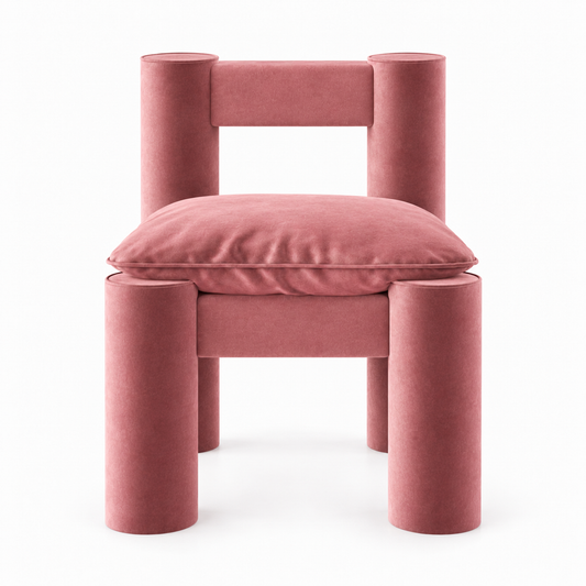 Milo accent chair front view showing chunky cylinder legs and open back in blush velvet
