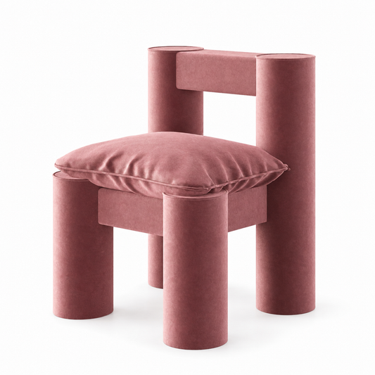 Milo sculptural cylinder accent chair with open H back and loose cushion in dusty blush velvet, three-quarter view
