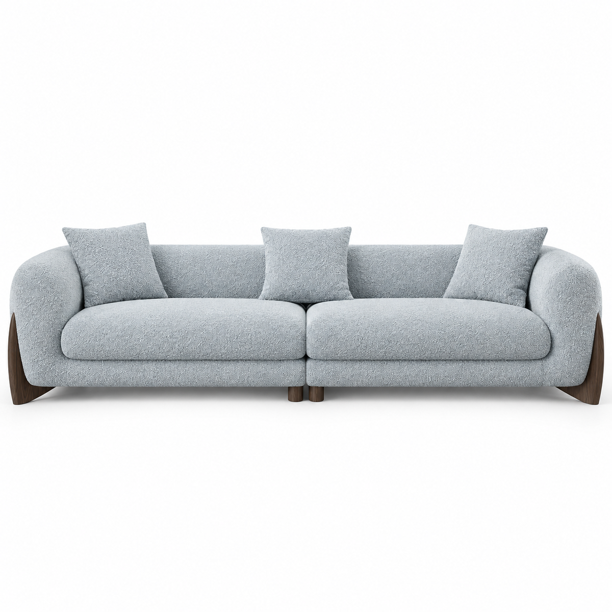 Front view of the grey boucle Covo sofa showing two seat cushions, loose back cushions and the wood base
