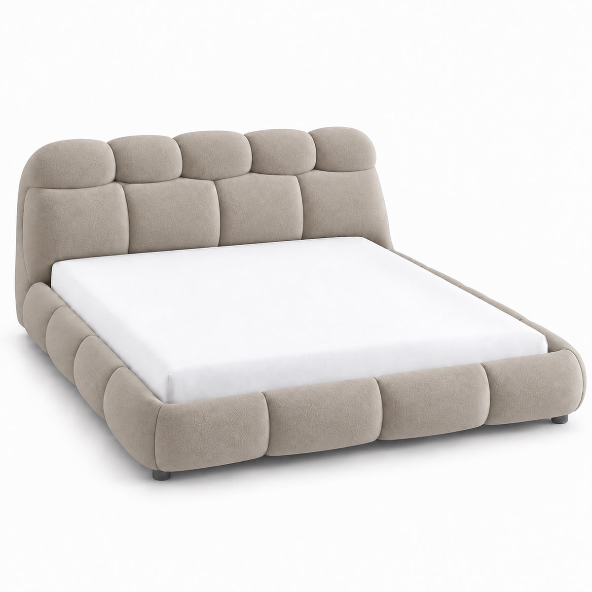 Ghaim Cloud Bed fully upholstered platform bed with padded headboard in warm ivory, three-quarter view