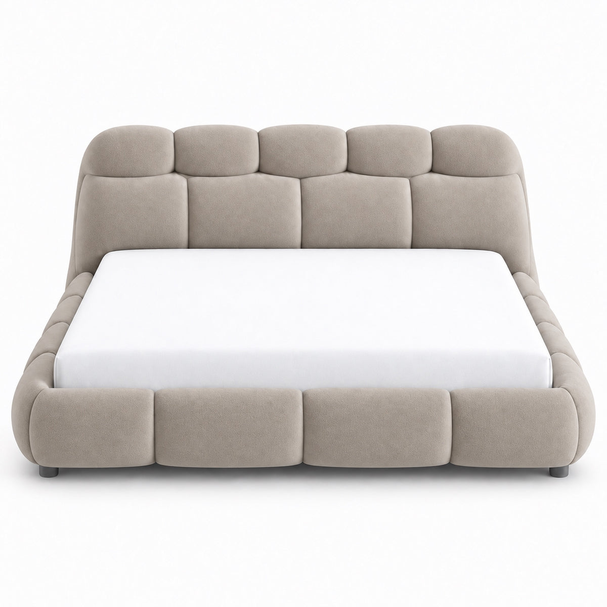 Ghaim Cloud Bed front view showing four-panel padded headboard and bubble rail surround