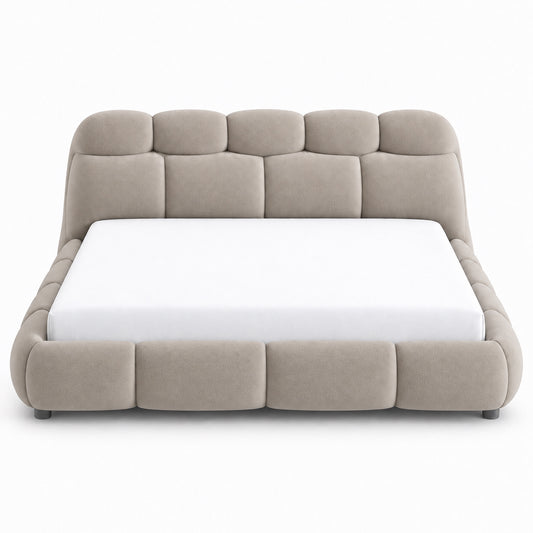 Ghaim Cloud Bed front view showing four-panel padded headboard and bubble rail surround