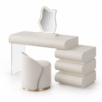 Layl makeup vanity full set with wavy LED mirror and stool in matt off-white, angled view