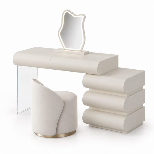 Layl makeup vanity full set with wavy LED mirror and stool in matt off-white, angled view