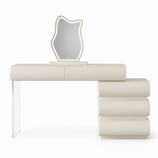 Layl vanity front view with wavy LED mirror and five rounded drawers in off-white