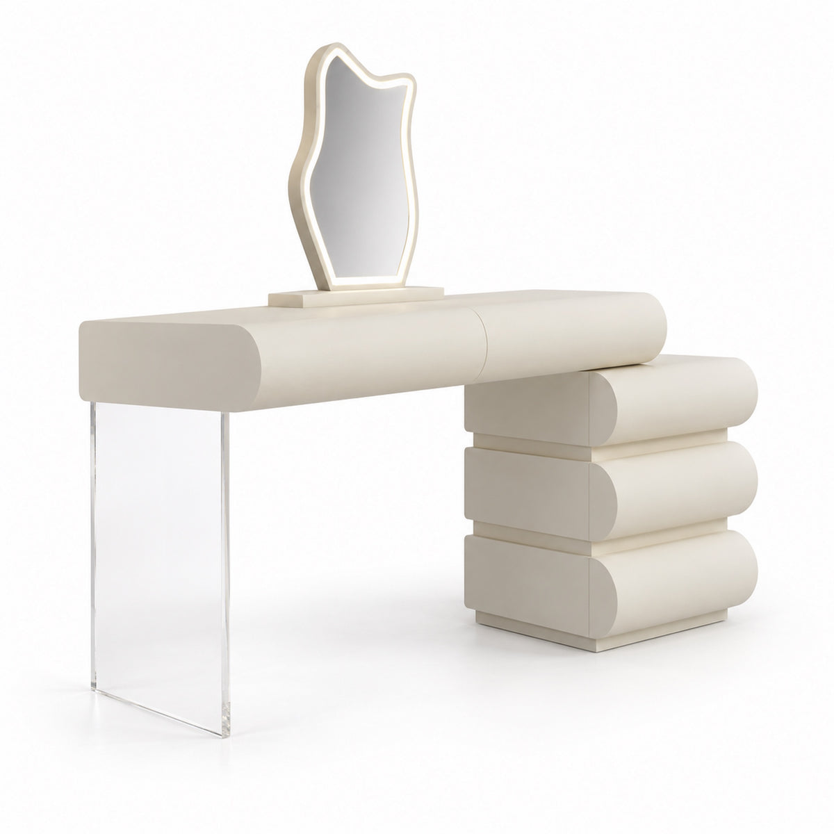 Layl vanity side profile showing floating top and clear acrylic leg