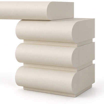 Close-up of Layl vanity rounded scroll drawer fronts in smooth matt off-white