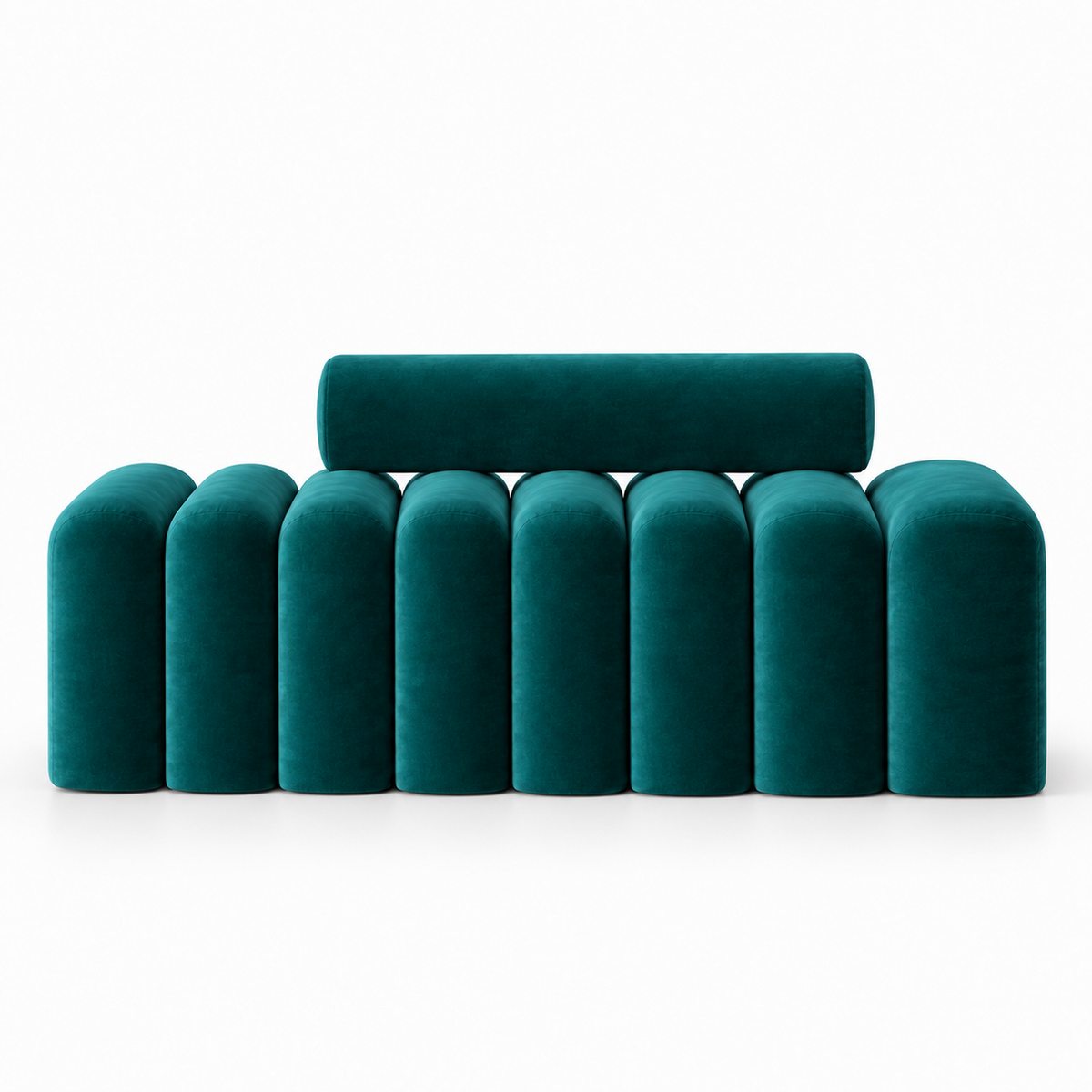 Saja bench front view showing the row of rounded fluted velvet segments in deep teal
