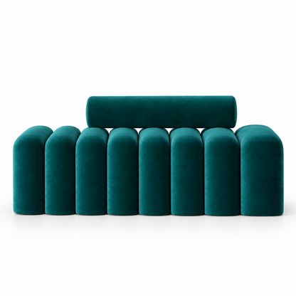 Saja bench front view showing the row of rounded fluted velvet segments in deep teal
