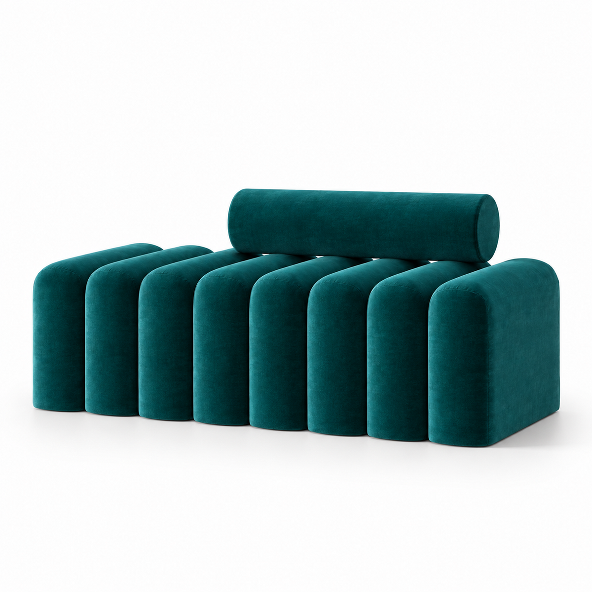 Saja fluted bench in deep teal velvet with a right arm and bolster, three-quarter view
