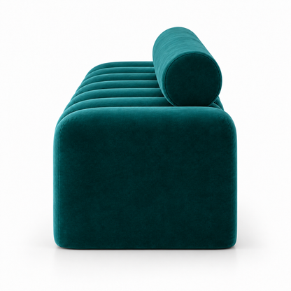Saja bench side profile showing the depth, the arm block and the bolster