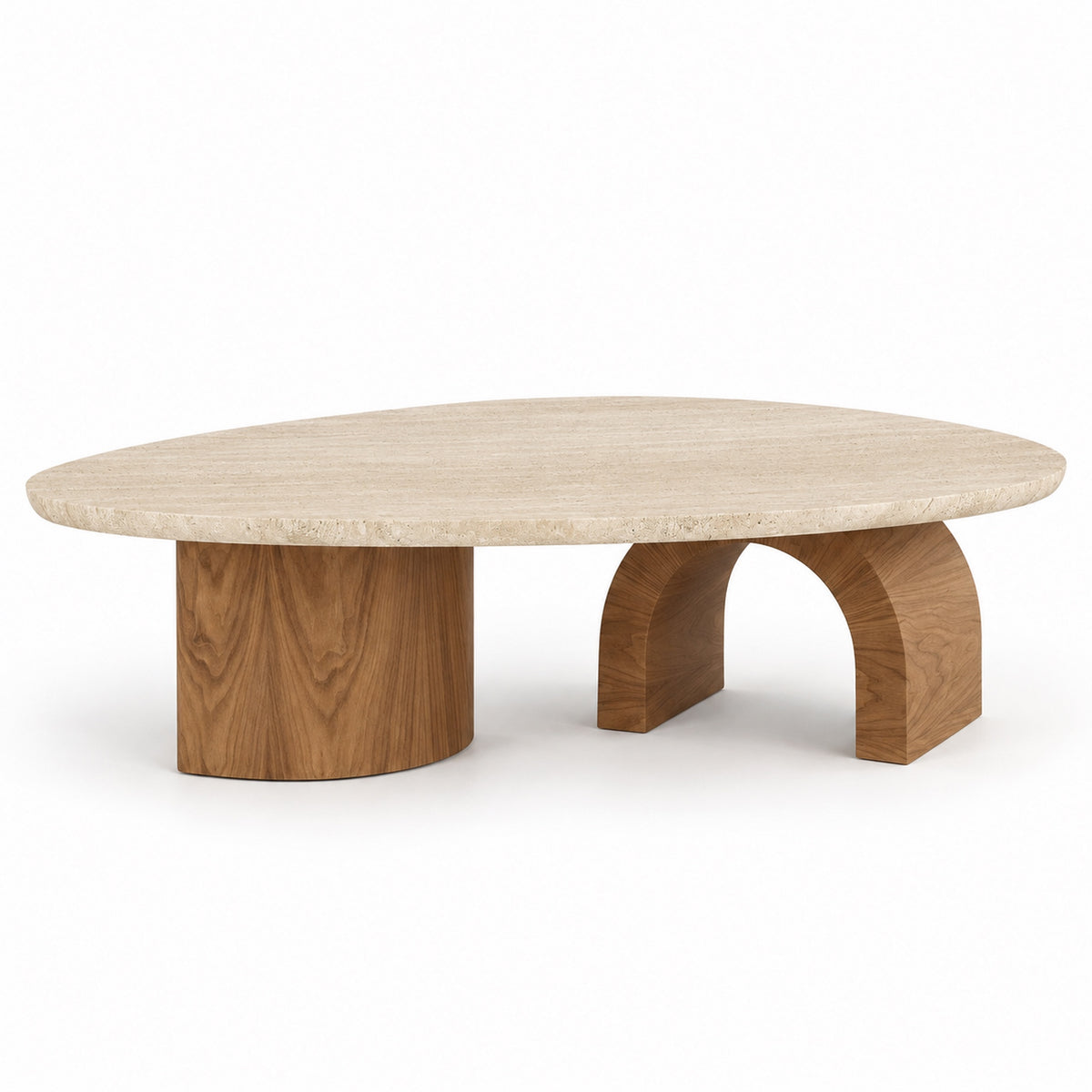 Naya coffee table with organic travertine top on light walnut block and arch bases, three-quarter view