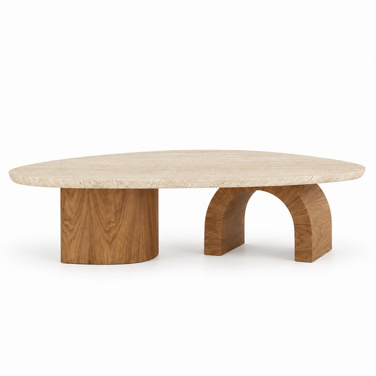 Naya coffee table front view showing solid block base and open arch base in light walnut
