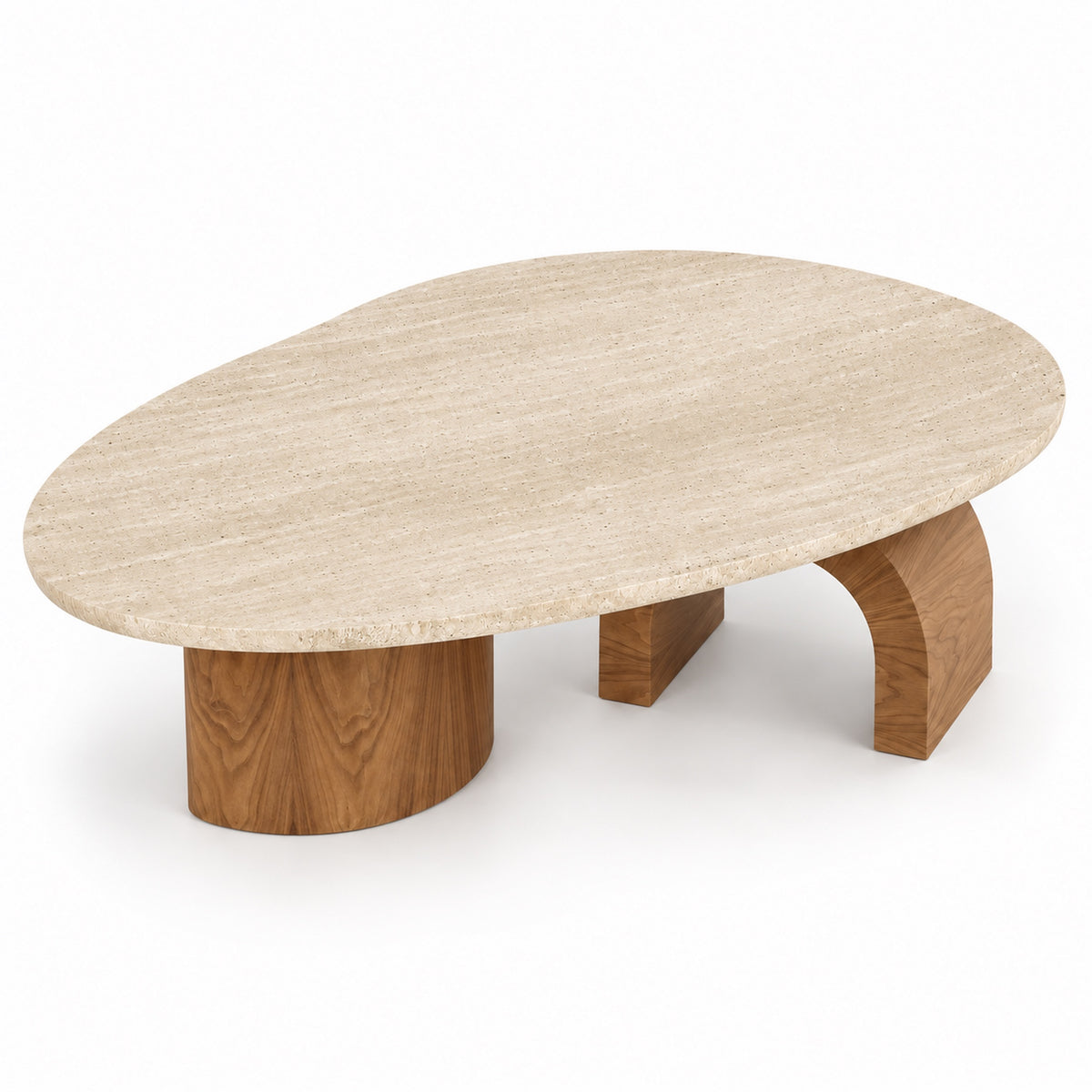 Naya coffee table showing the organic freeform travertine top
