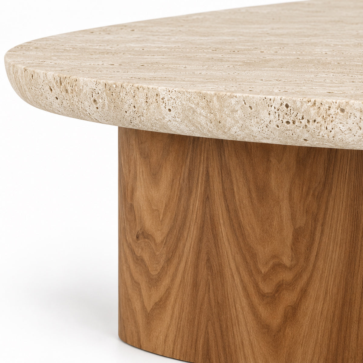 Close-up of Naya coffee table travertine edge meeting the light walnut base