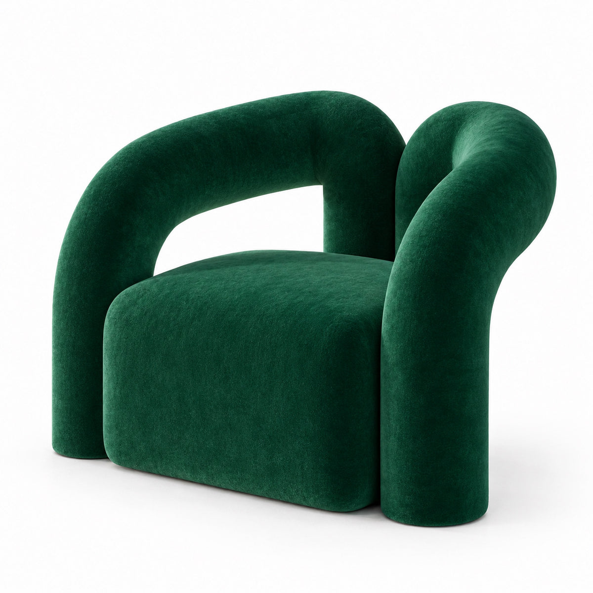 Nova sculptural armchair with crossing arched arms in deep emerald green velvet, three-quarter view
