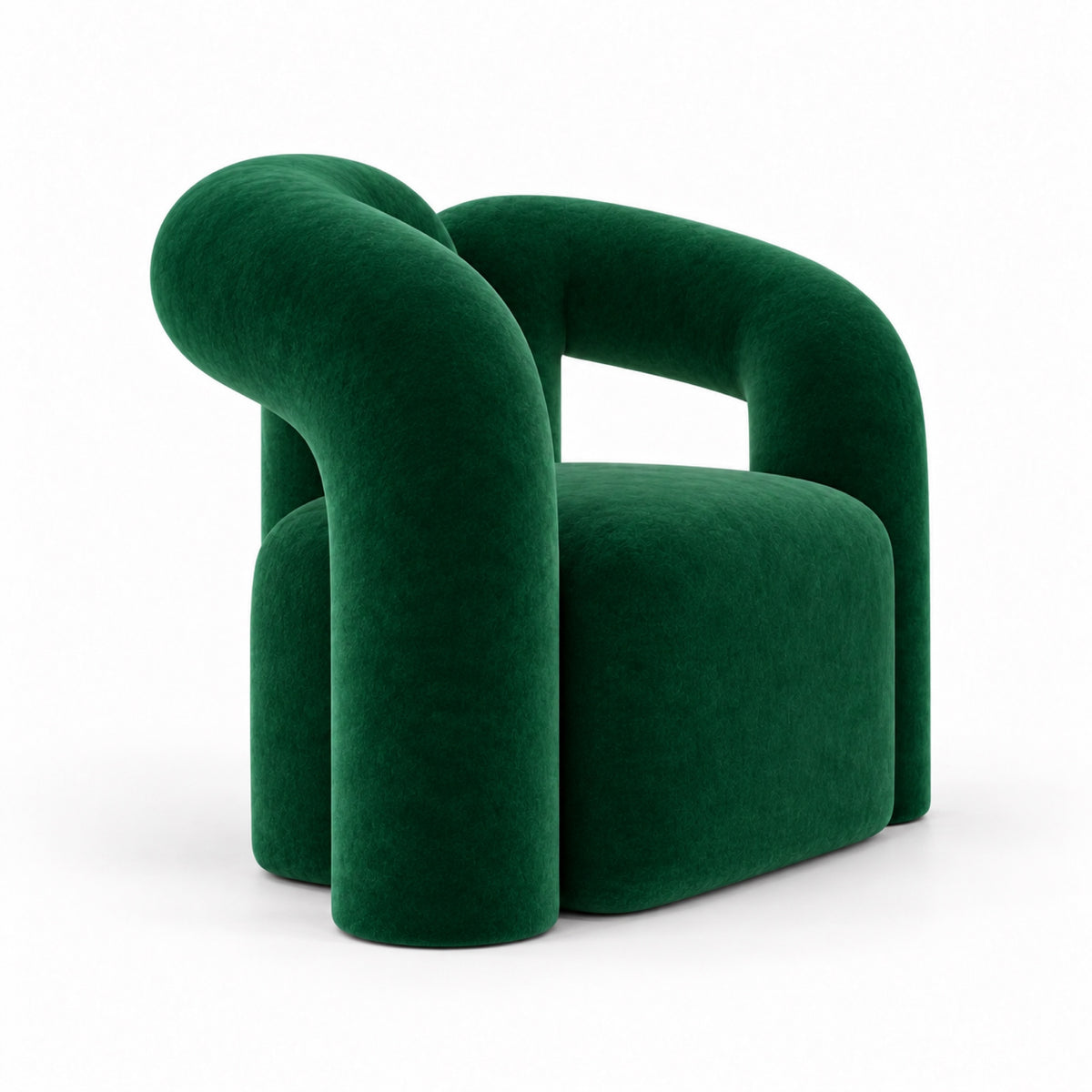 Nova armchair side profile showing the arching crossed arms and seat depth