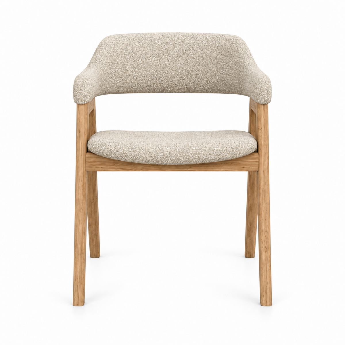 Anso dining chair front view showing the wrap-around back-and-arm band and oak frame in oat boucle
