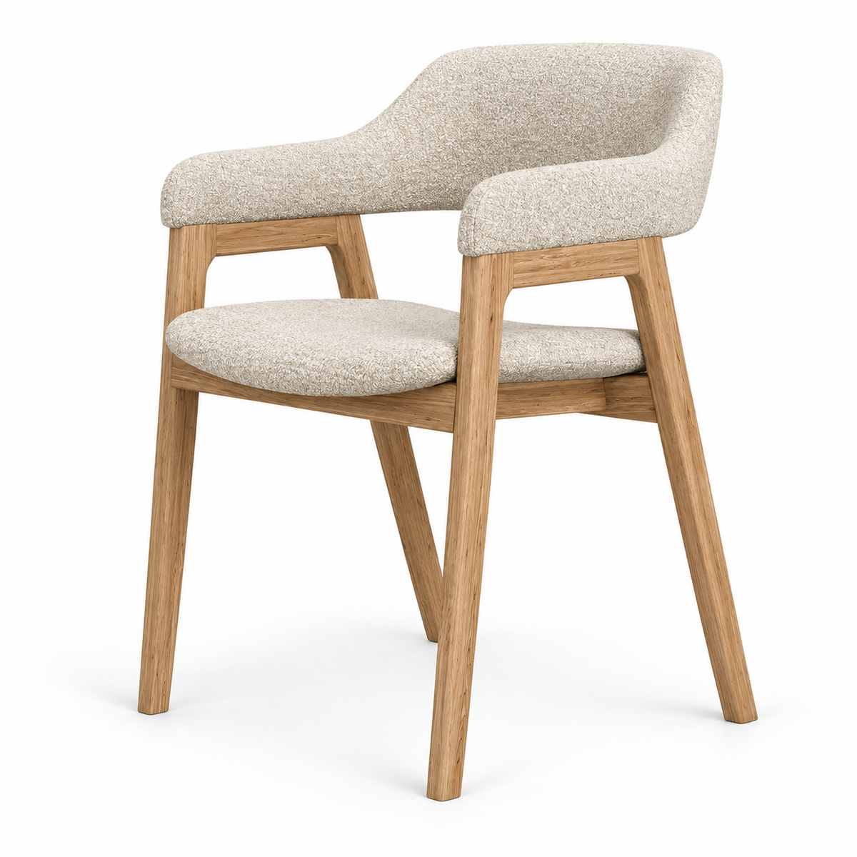 Anso dining chair in oat boucle with a warm oak frame, three-quarter view
