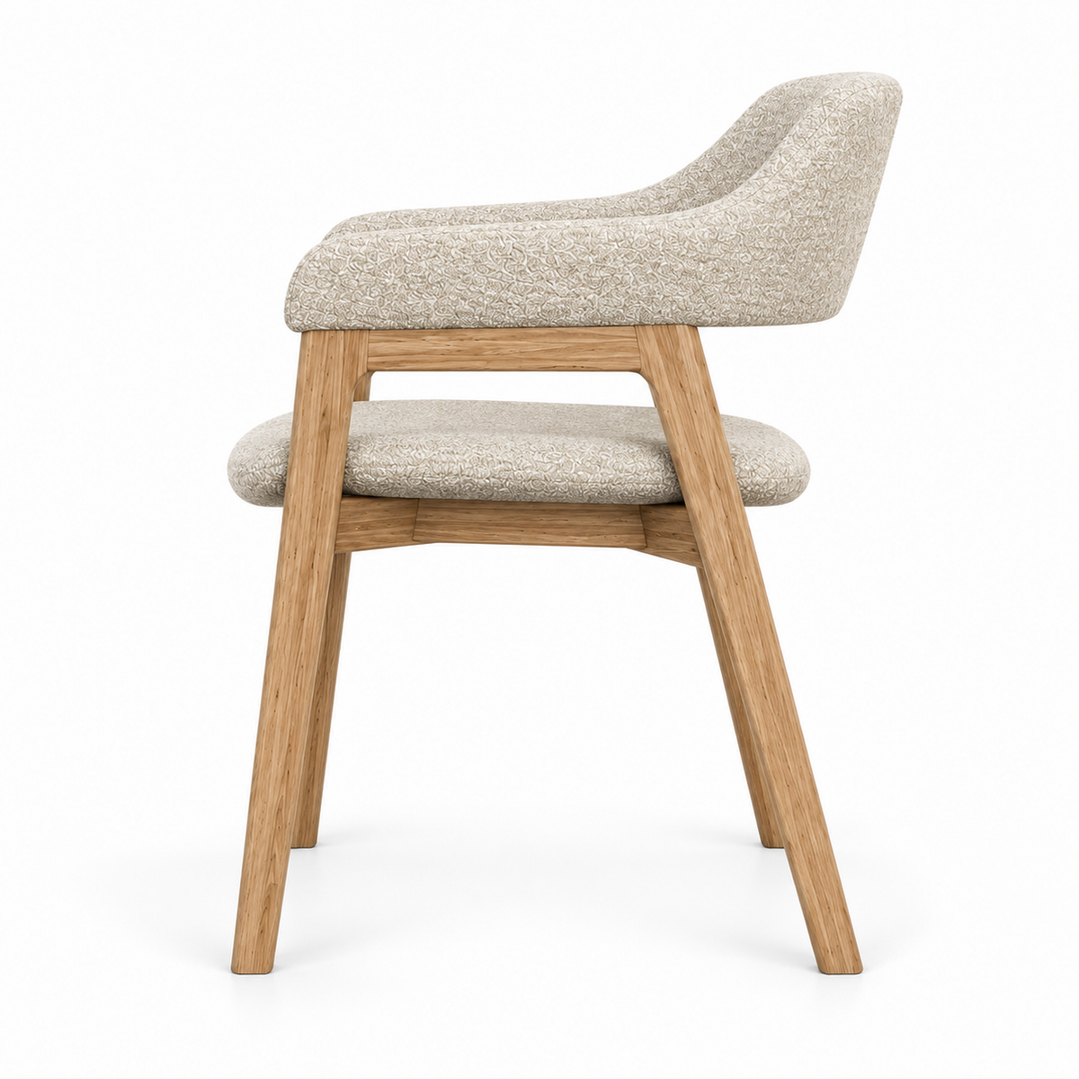 Anso dining chair side profile showing the wood frame, stretchers and floating back band
