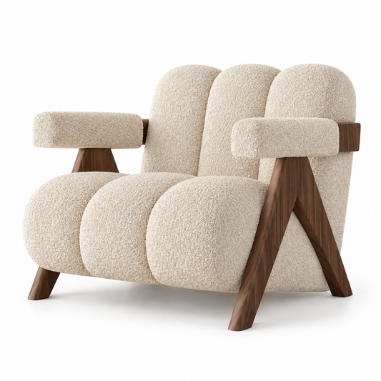 Chandi channelled boucle armchair on an angled walnut A-frame in warm oatmeal, three-quarter view
