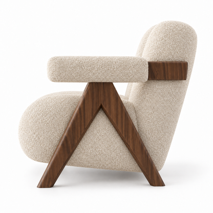 Chandi armchair side profile showing the angled walnut compass-leg frame

