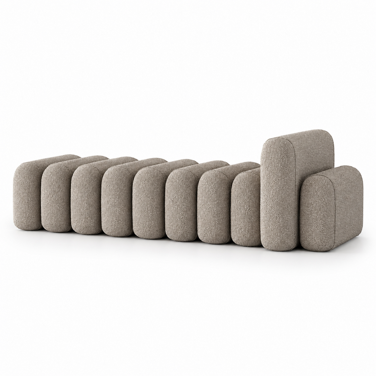 Onda bench in mushroom taupe boucle, row of rounded segments with a raised arm, three-quarter view