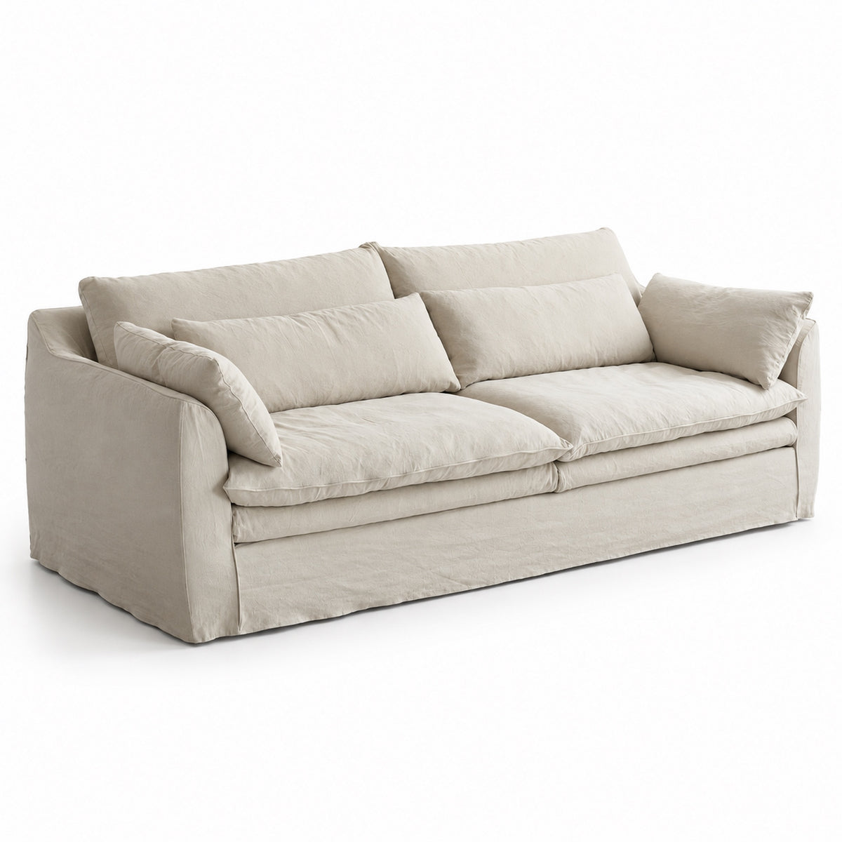 Raha cloud-style 3-seat slipcover sofa in natural oatmeal fabric, three-quarter view