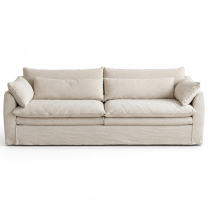 Raha 3-seat sofa front view with deep plush cushions in natural oatmeal