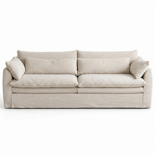 Raha 3-seat sofa front view with deep plush cushions in natural oatmeal