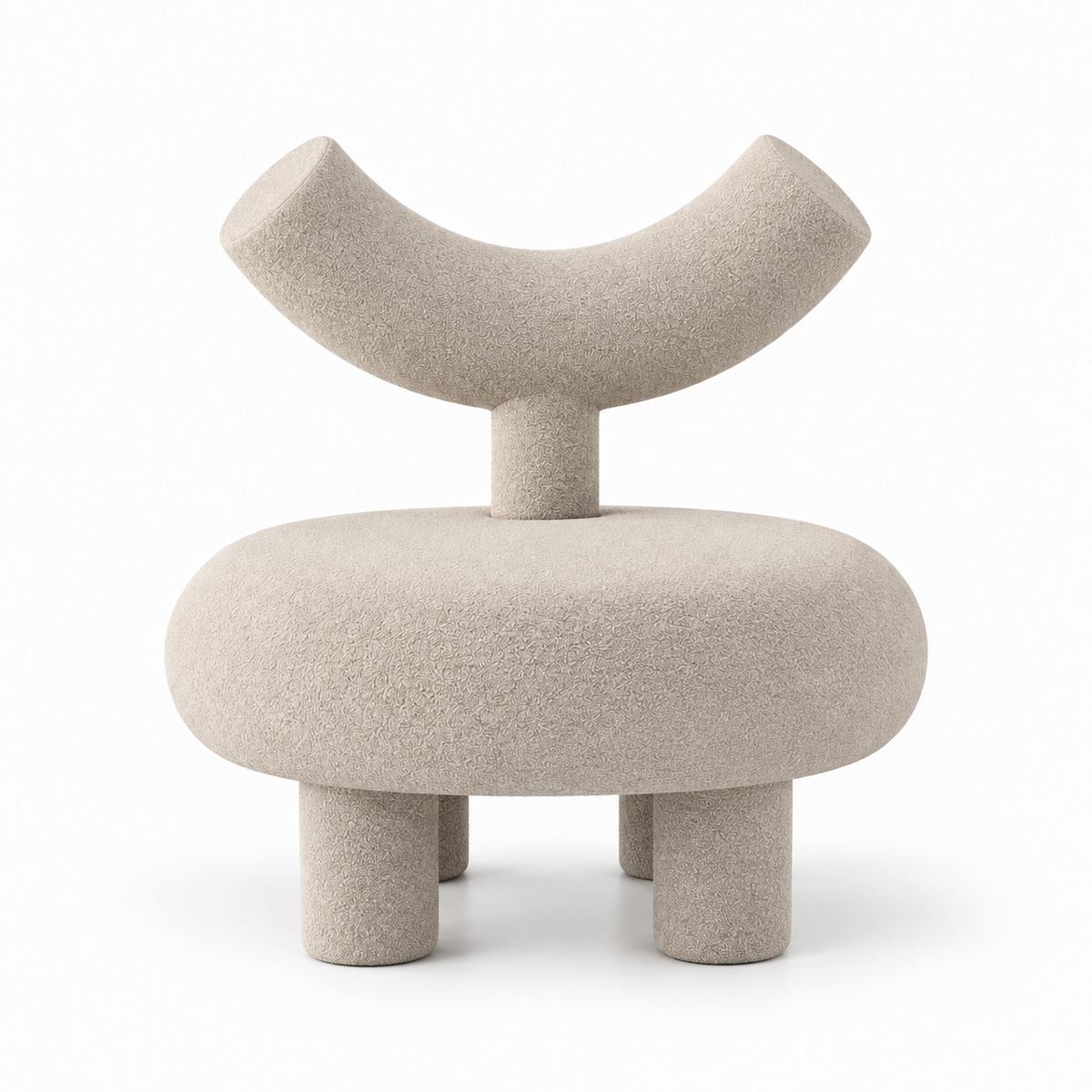 Taso accent chair front view showing round seat, four legs and curved horn backrest in sand boucle
