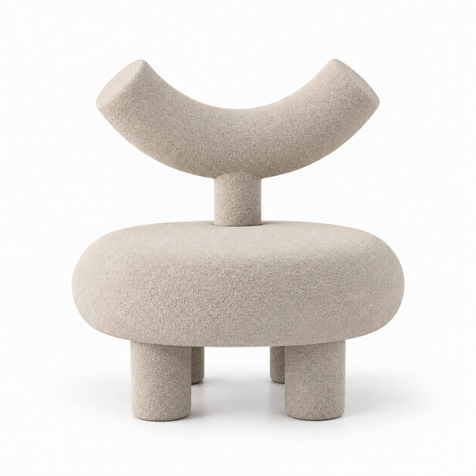 Taso accent chair front view showing round seat, four legs and curved horn backrest in sand boucle
