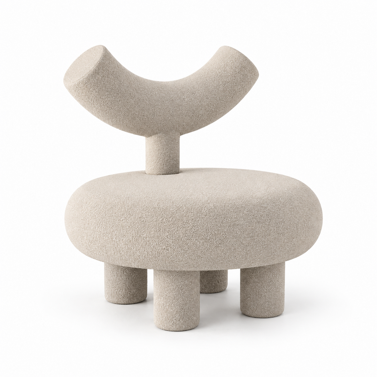 Taso sculptural accent chair with round drum seat and raised curved backrest in warm sand boucle, three-quarter view
